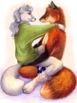  anthro arctic_fox boxers_(clothing) canid canine chakona_space clothed clothing duo eye_contact female fox fur gloves_(marking) hair hug kris_fletcher looking_at_another male male/female mammal markings orange_body orange_fur red_fox smile topless trina_snowfox underwear unknown_artist white_body white_fur white_hair 