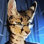  1:1 2021 anthro brown_body brown_fur brown_hair digital_media_(artwork) eyewear felid feline fur glasses hair headshot_portrait male mammal neotheta portrait serval solo yellow_eyes 