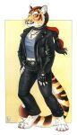  2010 anthro black_hair chakona_space claws clothed clothing collar digitigrade felid female fingerless_gloves fur gloves hair handwear herm_(lore) jewelry kacey mammal navel necklace pantherine pink_nose rakshani red_hair shamara solo spiked_collar spikes tiger whiskers 