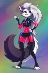  anthro breasts canid canine canis clothing female fur grey_body grey_fur grey_hair hair helluva_boss kimmycat latex_clothing loona_(vivzmind) mammal red_eyes red_sclera rubber solo tight_clothing white_body white_eyes white_fur wolf 