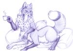  2007 beverage beverage_cup breasts canid canid_taur canine canine_taur chakona_space clothed clothing dipstick_tail eyewear female fox fox_taur glasses gloves_(marking) leg_markings mammal mammal_taur markings mature_female monochrome multicolored_tail pillow simple_background smile socks_(marking) solo taur thayla white_background xianjaguar 