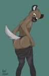  absurd_res aggressive_retsuko anthro bottomwear brown_body brown_fur butt clothing denim denim_clothing dressing fur haida hi_res hyaenid jeans looking_down male mammal pants redxelxet sanrio simple_background solo thong uncomfortable underwear 