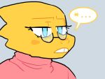  ... 4:3 advenit alphys anthro blue_eyes blush blush_stickers buckteeth clothed clothing dialogue eyewear female frown fully_clothed glasses lizard reptile scales scalie simple_background solo speech_bubble teeth three-quarter_view turtleneck unamused undertale video_games yellow_body yellow_scales 