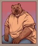  2021 anthro belly big_belly black_nose bottomwear brown_body clothing cute_fangs eyes_closed eyewear glasses hi_res hoodie hyaenid liursinho male mammal overweight overweight_male pants sitting solo topwear 