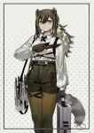  absurd_res anthro blouse bottomwear briefcase brown_eyes brown_hair clothing ear_piercing female hair hi_res holding_object holding_weapon knife mammal omochi_kuitai piercing ponytail portrait procyonid raccoon robin_(arknights) shorts solo three-quarter_portrait throwing_knife topwear weapon 
