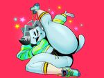  4:3 anthro big_breasts big_butt blue_body bottomwear breasts butt canid canine clothed clothing fangs felid feline female flexible footwear hair hi_res hotpants mammal midriff raised_leg red_background shoes shorts simple_background simple_eyes skimpy smile socks sweater tem temmie_(undertale) thick_thighs topwear undertale video_games wolftang 
