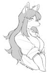  2021 anthro big_breasts blush breasts canid canine canis clothed clothing dithering ear_tuft english_text female fully_clothed guide_lines hair hi_res huge_breasts kemono long_hair looking_at_viewer mammal monochrome neck_tuft nrj_275 rolled_up_sleeves shirt simple_background snout solo text topwear tuft white_background wolf 