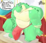  anthro balls big_penis big_tail claws clothed clothing detailed_background english_text eyes_closed feet fingers genitals grandall_(artist) grandall_(character) green_body green_scales green_tail hi_res male obese open_mouth overweight partially_clothed penis ring scales scalie solo speech_bubble teeth text toes 