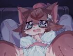  2021 anthro big_breasts blue_eyes blue_nightgown blush bodily_fluids breasts brown_body brown_fur brown_hair crying domestic_cat eyewear felid feline felis female fur glasses hair hi_res kemono looking_at_viewer lying mammal neck_tuft nervous nightgown on_back solo tears tongue tuft umoumoufuton 