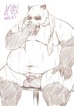  2021 anthro balls belly canid canine eyes_closed flaccid genitals hi_res humanoid_genitalia humanoid_hands humanoid_penis kemono magatsuhinokami male mammal mature_male moobs navel nipples obese obese_male overweight overweight_male penis raccoon_dog sitting solo tanuki towel towel_around_neck 