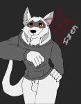  anonymous_artist anthro bottomless bottomless_male clothed clothing furroi hoodie hoodie_only izen(fursona) izen_puppyfox male solo topwear topwear_only 