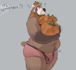  ailurid anthro belly bulge clothed clothing food fruit hi_res hybrid looking_away male mammal minedoo minedoo_(character) navel overweight overweight_male plant pumpkin red_panda solo tail_tuft text thick_thighs tuft underwear underwear_only ursid 