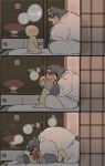  2021 animal_crossing anthro bed blush bodily_fluids comic curt_(animal_crossing) duo eyes_closed furniture hi_res hyaku_(artist) inside japanese_text kemono kissing male mammal nintendo overweight overweight_male sweat text translation_request ursid video_games 