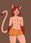  anthro bottomwear clothing domestic_cat felid feline felis fur hair hi_res looking_at_viewer male mammal mostly_nude orange_eyes red_hair redxelxet shorts simple_background smile solo standing tan_body tan_fur 