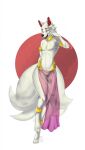  anthro asian_mythology bottomwear canid canine chain claws clothing east_asian_mythology eyes_closed featureless_crotch fox fur gold_(metal) gold_jewelry hi_res hibris inner_ear_fluff japanese_mythology jewelry loincloth male mammal multi_tail mythology red_body red_fur simple_background smile solo tuft white_body white_fur yōkai 