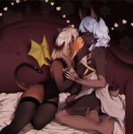  &lt;3 2020 anthro bed biped blep blonde_hair breasts brown_body brown_ears brown_fur clothing duo ear_tuft eyes_closed female female/female fishnet fishnet_legwear fur furniture glistening glistening_eyes gradient_fur gradient_hair green_eyes grey_hair hair hand_on_breast hi_res horn kneeling legwear living_tail membrane_(anatomy) on_bed orange_body orange_fur pekuza041 red_horn reptile scalie scut_tail snake snake_tail tongue tongue_out tuft white_hair wings yellow_wings 