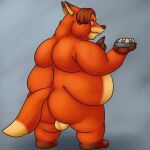  1:1 2017 anthro balls belly brown_hair butt canid canine dessert disney food fox genitals gideon_grey hair humanoid_hands male mammal obese obese_male orange_body overweight overweight_male pie simple_background solo thevillager zootopia 