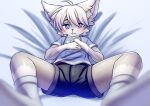  2020 5_fingers ahoge anthro bedding bedding_background biped black_bottomwear black_clothing black_shorts blue_clothing blue_eyes blue_hoodie blue_topwear blush bottomwear butt canid canine canis clothed clothing coke_(colawolf7) crotch_shot depth_of_field digital_drawing_(artwork) digital_media_(artwork) drawstring ffjjfjci fingers footwear fully_clothed fur gloves_(marking) grey_body grey_ears grey_fur hair hands_together hoodie kemono leg_markings looking_at_viewer lying male mammal markings monotone_hair multicolored_body multicolored_ears multicolored_fur on_back shorts socks socks_(marking) solo spread_legs spreading topwear two_tone_body two_tone_ears two_tone_fur white_body white_ears white_fur white_hair wolf young 