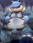  2021 anthro belly blastoise blue_body blush bodily_fluids bottomwear bulge clothed clothing erection erection_under_clothing hi_res inside kemono male nintendo overweight overweight_male pants pok&eacute;mon pok&eacute;mon_(species) shirt solo sweat topwear video_games wanisuke 