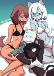  2021 absurd_res anthro black_cat_(colo) blush bra canid canine canis clothing colo domestic_cat domestic_dog felid feline felis female group gumbo_(colo) helena_richter hi_res larger_female male male/female mammal misha_(colo) panties scar size_difference smaller_male underwear 