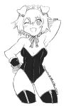  2021 anthro blush breasts canid canine canis cleavage clothed clothing cute_fangs dithering domestic_dog ear_tuft english_text female guide_lines hair hand_on_hip hi_res kemono legwear looking_at_viewer mammal medium_breasts monochrome nrj_275 one_eye_closed raised_arm simple_background solo standing text thigh_highs tuft white_background wink 