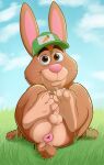  absurd_res anthro anus balls butt claws clothing disney feet fur genitals hat headgear headwear hi_res lagomorph leporid looking_at_viewer magzol male mammal nude pawpads paws penis rabbit sitting slightly_chubby smile solo stu_hopps toes zootopia 