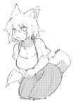  2021 4_fingers anthro bent_over big_breasts black_and_white blush bottomwear breasts canid canine canis cleavage clothed clothing dithering domestic_dog english_text female fingers fully_clothed guide_lines hair hi_res kemono looking_at_viewer mammal monochrome neck_tuft nrj_275 open_mouth open_smile shirt simple_background sketch skirt smile solo text topwear tuft white_background 