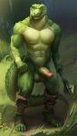  2021 4_toes 5_fingers abs anthro balls countershade_torso countershading crocodile crocodilian crocodylid feet fingers full-length_portrait genitals grass green_body green_scales hi_res holding_melee_weapon humanoid_feet humanoid_genitalia humanoid_hands humanoid_penis leg_wraps looking_at_viewer male mouezu nipples outside pecs penis plant portrait pupils reptile scales scalie sharp_teeth slit_pupils solo teeth toes topless_male wraps yellow_eyes 
