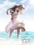  2021 anthro beach black_nose blue_sky breasts breeze brown_hair canid canine canis clothed clothing cloud day domestic_dog dress female fur hair hand_behind_head hat headgear headwear hi_res lens_flare long_hair mammal noelleneko off_shoulder sea seaside shaded signature sky smile soft_shading solo standing summer_dress sun sun_hat tan_body tan_fur water wave wind 