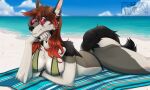  2021 5:3 altrika anthro beach_towel bracelet breasts canid canine canis clothing ear_piercing ear_ring eyewear facial_piercing female fur furaffinity hand_on_chin hi_res jewelry looking_at_viewer mammal nose_piercing piercing sand sea septum_piercing smile solo sunglasses swimwear text towel url water watermark wolf 