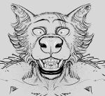  2021 anthro beastars black_and_white bust_portrait canid canine canis close-up front_view fur grey_background icon legoshi_(beastars) lips lol_comments looking_at_viewer male mammal monochrome nude portrait scar sharp_teeth simple_background smagma smile solo teeth tuft wolf 