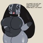  4_fingers animate_inanimate anthro belly big_breasts breasts canid collar dialogue english_text featureless_breasts featureless_crotch female fingers floppy_ears glistening glistening_body grey_body hi_res huge_breasts huge_hips huge_thighs justkindofhere long_ears looking_at_viewer mammal nintendo nintendo_switch nude open_mouth open_smile short_stack simple_background slightly_chubby smile solo standing switch_dog tan_background text thick_thighs tongue tongue_out video_games wide_hips 