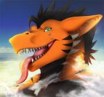  2019 absurd_res aircraft airplane anthro blue_eyes cloud dragon flying hi_res kurtcbrox kurtcbrox_(character) lidded_eyes macro male scalie sharp_teeth size_difference sky solo teeth tongue tongue_out western_dragon 