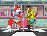  absurd_res al_bear anthro bimbeaver27 blue_eyes brown_body brown_fur canid canine clothing dessert dexter_fox duo eye_contact food footwear fox frilly frilly_socks fur green_eyes hat headgear headwear hi_res ice_cream looking_at_another male male/male mammal mary_janes red_body red_fur sharing sharing_food shirt shoes sneakers socks store topwear ursid white_body white_fur yellow_clothing yellow_shirt yellow_topwear 