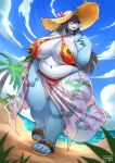  2021 anthro areola areola_slip beach big_breasts black_hair blue_body breasts clothing cloud curvy_figure detailed_background dragon dragonmom_(rayka) eyewear female footwear glasses hair hi_res long_hair mature_anthro mature_female non-mammal_breasts ocaritna outside overweight overweight_anthro overweight_female palm_tree plant sandals scalie seaside signature sky sun_hat thick_thighs tree voluptuous wide_hips 
