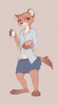  2021 anthro barefoot bottomwear brown_body brown_fur clothed clothing cup digital_media_(artwork) feet female fur hi_res holding_cup holding_object looking_at_viewer mammal midriff mustela mustelid musteline navel panties skirt solo standing true_musteline underwear yshanii 