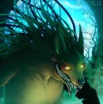  2021 anthro canid canine creepy digital_media_(artwork) elemental_creature fangs flora_fauna forest green_eyes hi_res hybrid male mammal many_teeth monster open_mouth plant ravoilie smile solo teeth tongue tree 