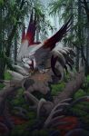  2021 absurd_res ambiguous_gender detailed_background digital_media_(artwork) dragon feathered_dragon feathered_wings feathers feral forest fur grass hi_res moss night outside plant polunoch red_body red_feathers solo tree white_body white_feathes white_fur wings 
