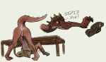  after_sex anthro ass_up belt bodily_fluids cum drakue_(artist) frustration genital_fluids hi_res humanoid jack-o&#039;_pose kobold lying pose reaching red_dragon_inn solo under_table wrench_(red_dragon_inn) 