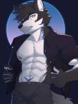  2021 3:4 abs absurd_res anthro archermagnum black_clothing black_hair black_shirt black_topwear blue_eyes blue_hair canid canine canis claws clothed clothing discordnight_(artist) hair hi_res male mammal muscular muscular_male nipples open_clothing open_shirt open_topwear shirt shirt_grab solo topwear white_body wolf yellow_eyes 