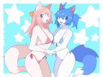  5_fingers anthro belly bikini blue_bikini blue_body blue_clothing blue_eyes blue_fur blue_hair blue_swimwear blush breasts canid canine canis clothing domestic_dog duo female fingers fluffy fluffy_tail fur hair hand_holding hi_res kemono looking_at_viewer mammal medium_breasts navel nrj_275 open_mouth open_smile pattern_bikini pattern_clothing pattern_swimwear pink_body pink_fur pink_hair red_bikini simple_background small_breasts smile standing striped_bikini striped_clothing striped_swimwear stripes swimwear 