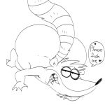  1:1 all_fours ambiguous_gender anthro big_butt butt cartoon_network english_text jerseydevil male_(lore) mammal monochrome open_mouth procyonid profanity raccoon regular_show rigby_(regular_show) sketch solo speech_bubble text thick_thighs 