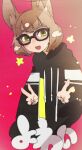  2019 animal_humanoid black_clothing black_eyewear black_glasses black_hoodie black_topwear blush brown_hair clothing eyewear female gesture glasses hair hoodie humanoid japanese_text looking_at_viewer moyamoya_kuroi open_mouth pink_background simple_background smile solo text topwear v_sign 