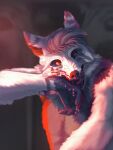  2021 3:4 anthro blood blood_on_hand bodily_fluids canid canine canis fangs fur hair heterochromia hi_res looking_at_viewer mammal open_mouth scratches screechborg solo teeth tongue whiskers white_body white_fur wolf 