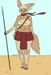  2021 abs absurd_res anthro armor big_breasts big_ears breasts canid canine cheek_tuft chest_wraps clothing desert digital_media_(artwork) facial_tuft female fennec flat_colors fluffy fluffy_tail fox full-length_portrait hat headgear headwear hi_res inner_ear_fluff mammal melee_weapon midriff polearm portrait red_eyes scar scarf simple_background solo spear tuft weapon whitev wraps 