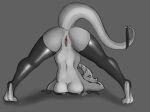  2021 animal_humanoid anthro anus ass_up bent_over black_and_white blue_eyes bra breast_squish breasts butt clothing digital_media_(artwork) dragon female footwear genitals grey_background grey_body grey_scales greyscale hi_res hindpaw horn humanoid jack-o&#039;_pose latex_stockings legwear looking_at_viewer monochrome non-mammal_breasts nude panties paws pose pussy raised_tail rear_view rubber scales scalie scalie_humanoid simple_background skyebold smile socks solo spread_legs spreading squish thigh_highs toeless_footwear toeless_socks underwear 