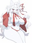  2021 3:4 4_fingers ahoge anthro baburusushi big_breasts breasts canid canine claws clothed clothing facial_markings female finger_claws fingers fox fur hair head_markings hi_res huge_breasts kemono mammal markings navel panties red_eyes solo thick_thighs underwear white_body white_fur white_hair 