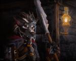  anthro blizzard_entertainment canid cigarette female feodorath hi_res lantern mammal oil_painting_(artwork) painting_(artwork) red_eyes soldier solo traditional_media_(artwork) video_games warcraft warrior weapon were werecanid worgen 