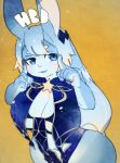  2019 5_fingers accessory anthro big_breasts blue_body blue_eyes blue_hair breasts cleavage clothed clothing countershading female fingers hair hair_accessory kemono lagomorph leporid long_hair looking_at_viewer mammal moyamoya_kuroi orange_background rabbit simple_background smile solo white_body white_countershading wide_hips 