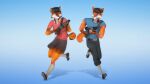  16:9 2021 3d_(artwork) absurd_res anthro belt black_nose blue_clothing blue_eyes bottomwear canid canine cheek_tuft clothed clothing digital_media_(artwork) duo facial_tuft female fox fur gold97fox gun hat headgear headphones headset headwear hi_res holding_object holding_weapon looking_at_another male mammal orange_body orange_fur pants ranged_weapon red_clothing red_fox running scout_(team_fortress_2) skirt source_filmmaker team_fortress_2 topwear tuft valve video_games warfare_machine weapon white_body white_fur widescreen 